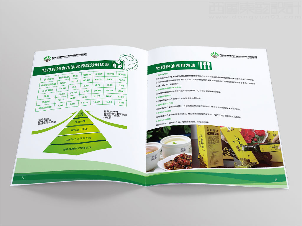甘肅綠盟牡丹產(chǎn)業(yè)科技發(fā)展有限公司畫冊設(shè)計之牡丹籽油營養(yǎng)成分及食用方法內(nèi)頁設(shè)計圖片