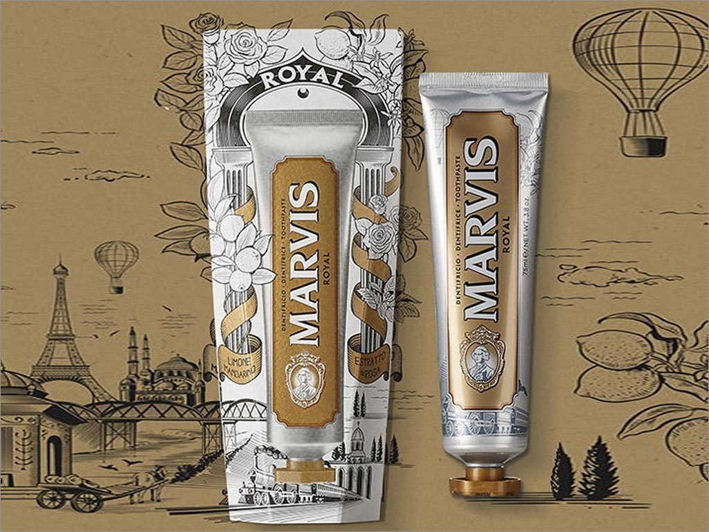 復(fù)古風(fēng)格的意大利Marvis肉桂薄荷牙膏包裝設(shè)計