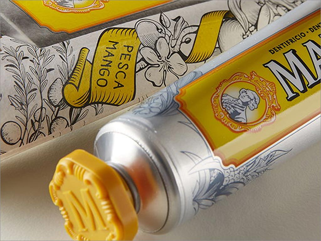 復(fù)古風(fēng)格的意大利Marvis茉莉花薄荷牙膏包裝設(shè)計之局部細(xì)節(jié)特寫