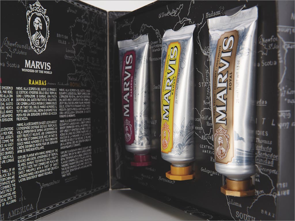 復(fù)古風(fēng)格的意大利Marvis牙膏禮盒包裝設(shè)計之開盒展示