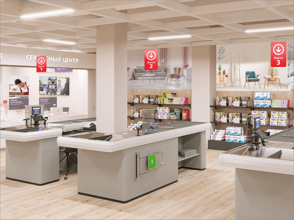 俄羅斯霍夫Hoff家具和日用品大賣場店面形象SI設計之結賬區(qū)設計